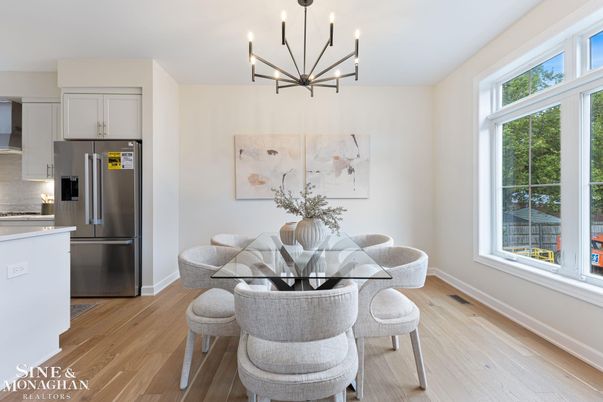 Chandelier, Dining room, Interior, Kitchen, Stainless Steel Appliances, Wood Texture Flooring