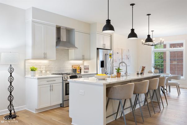 Dining room, Interior, Kitchen, Pendant Lights, Stainless Steel Appliances, Wood Texture Flooring