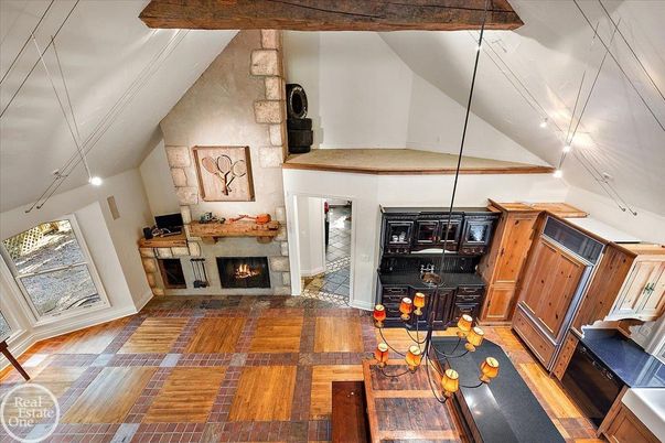 Fireplace, Interior, Pendant Lights, Stone Walls, Wood Texture Flooring