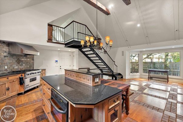 Chandelier, Interior, Kitchen, Recessed Lighting, Stainless Steel Appliances, Wooden Beams, Wood Texture Flooring