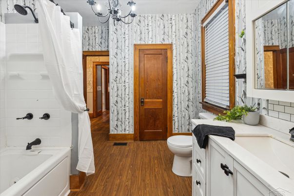 Bathroom, Chandelier, Interior, Wood Texture Flooring