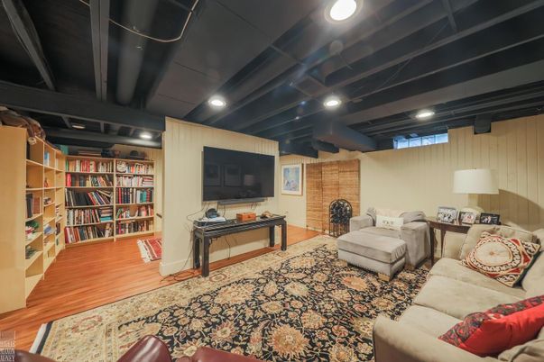 Interior, Living room, Recessed Lighting, Stone Walls, Wood Texture Flooring