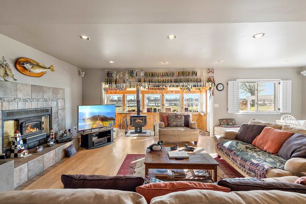 Fireplace, Interior, Living room, Recessed Lighting, Wood Texture Flooring