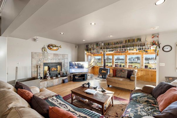 Fireplace, Interior, Living room, Recessed Lighting, Wood Texture Flooring