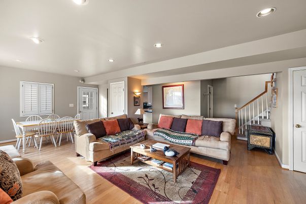 Dining room, Interior, Living room, Recessed Lighting, Wood Texture Flooring