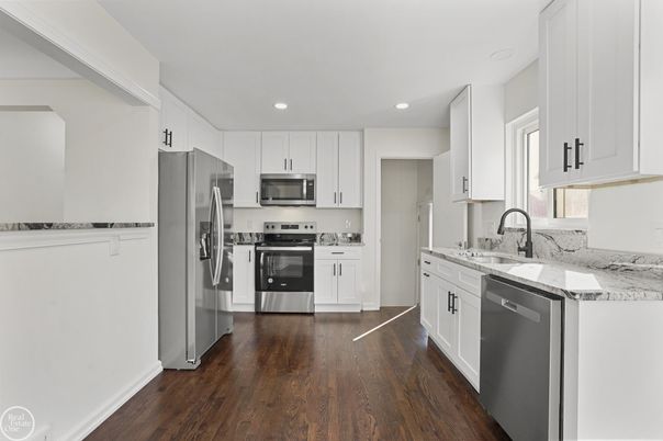 Interior, Kitchen, Recessed Lighting, Stainless Steel Appliances, Wood Texture Flooring