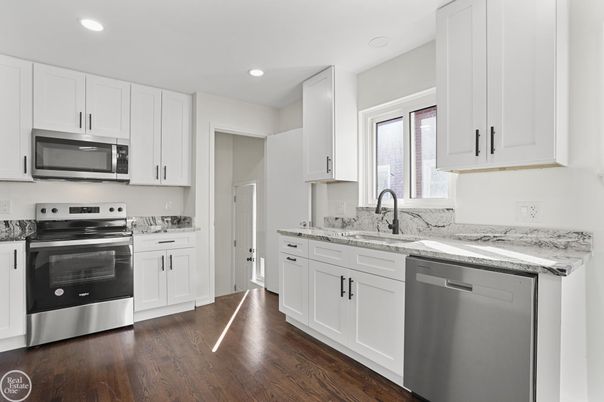 Interior, Kitchen, Recessed Lighting, Stainless Steel Appliances, Wood Texture Flooring