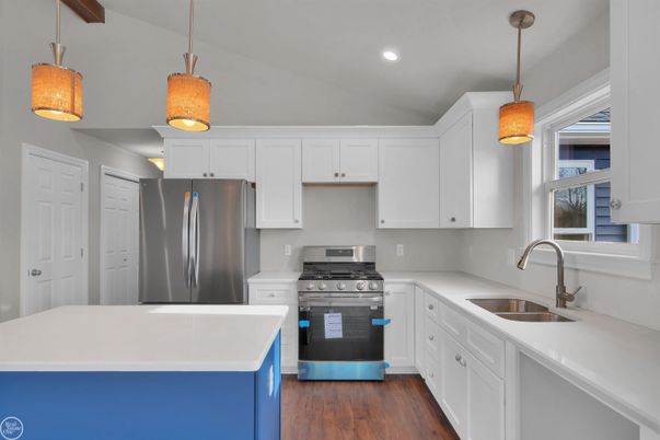 Interior, Kitchen, Pendant Lights, Recessed Lighting, Stainless Steel Appliances, Wood Texture Flooring
