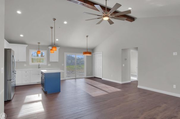 Interior, Kitchen, Pendant Lights, Recessed Lighting, Wooden Beams, Wood Texture Flooring