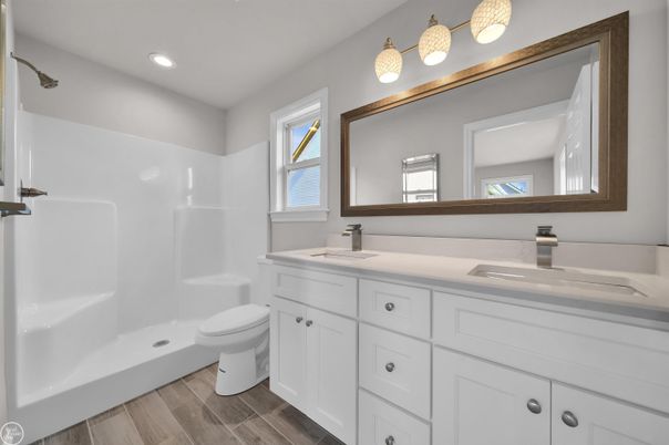 Bathroom, Dual Sink Vanities, Interior, Recessed Lighting, Wood Texture Flooring