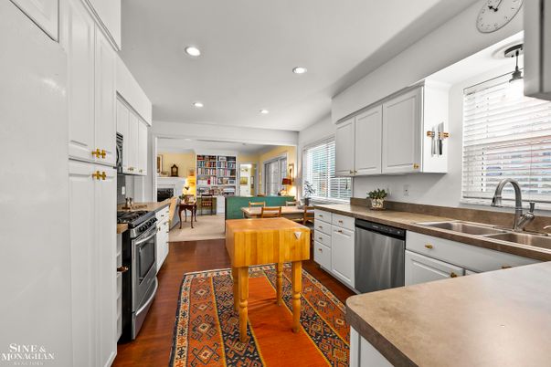 Dining room, Interior, Kitchen, Recessed Lighting, Stainless Steel Appliances, Wood Texture Flooring