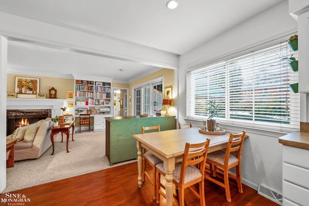 Dining room, Fireplace, Interior, Living room, Recessed Lighting, Wood Texture Flooring