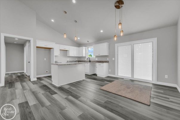 Interior, Kitchen, Pendant Lights, Recessed Lighting, Wood Texture Flooring