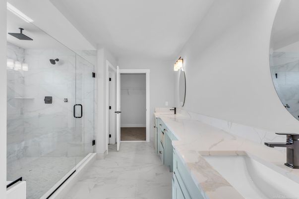 Bathroom, Dual Sink Vanities, Glass Shower, Interior, Marble, Marble Walls