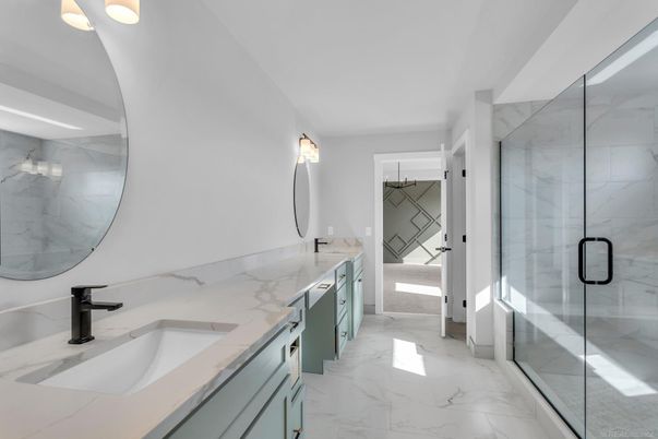 Bathroom, Dual Sink Vanities, Glass Shower, Interior, Marble, Marble Walls