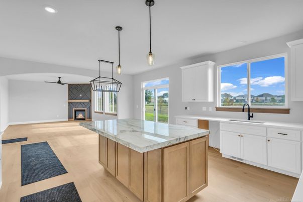 Fireplace, Interior, Kitchen, Pendant Lights, Recessed Lighting, Wood Texture Flooring