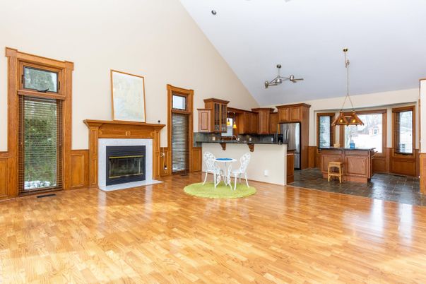 Dining room, Fireplace, Interior, Kitchen, Pendant Lights, Wood Texture Flooring