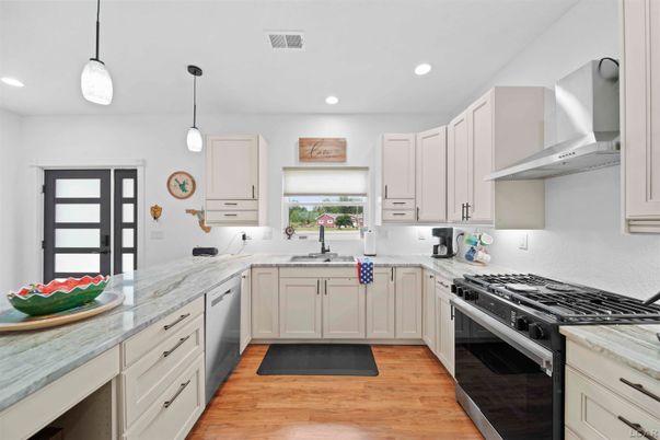 Interior, Kitchen, Pendant Lights, Recessed Lighting, Wood Texture Flooring