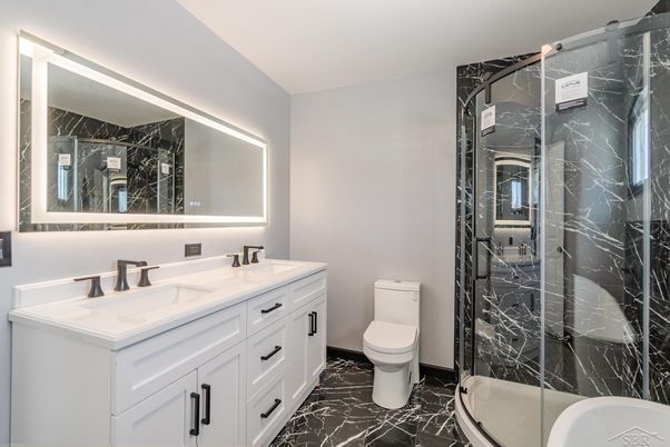 Bathroom, Dual Sink Vanities, Glass Shower, Interior, Marble, Marble Walls