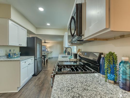 Interior, Kitchen, Recessed Lighting, Wood Texture Flooring