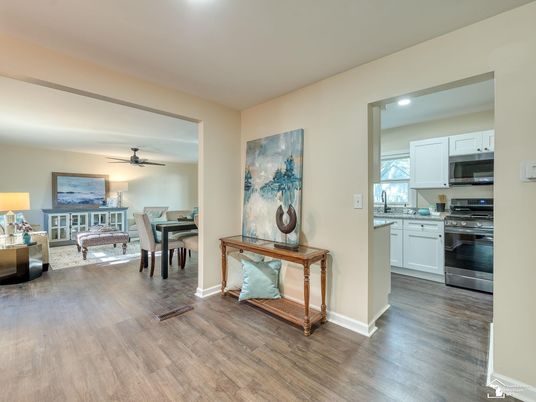Dining room, Interior, Kitchen, Living room, Recessed Lighting, Stainless Steel Appliances, Wood Texture Flooring