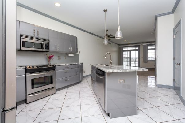 Interior, Kitchen, Marble, Pendant Lights, Recessed Lighting, Stainless Steel Appliances