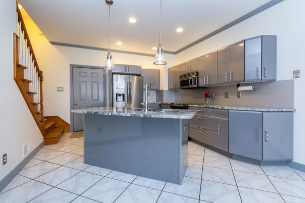 Interior, Kitchen, Marble, Pendant Lights, Recessed Lighting, Stainless Steel Appliances