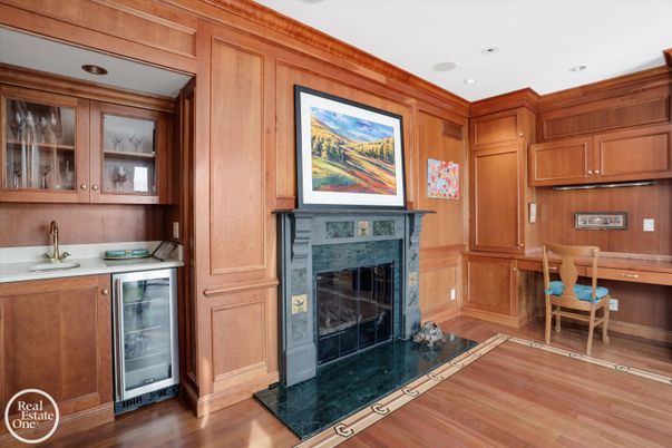 Dining room, Fireplace, Interior, Recessed Lighting, Wood Texture Flooring, Wooden Walls