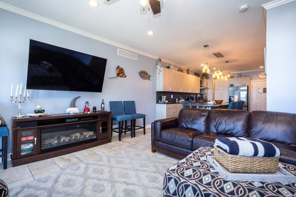 Fireplace, Interior, Kitchen, Living room, Pendant Lights, Recessed Lighting