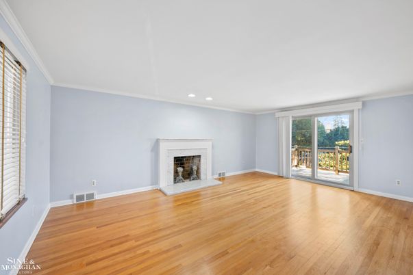 Empty room, Fireplace, Interior, Recessed Lighting, Wood Texture Flooring