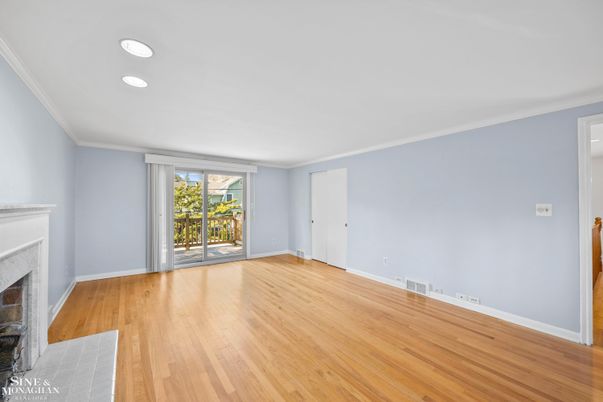 Empty room, Fireplace, Interior, Recessed Lighting, Wood Texture Flooring