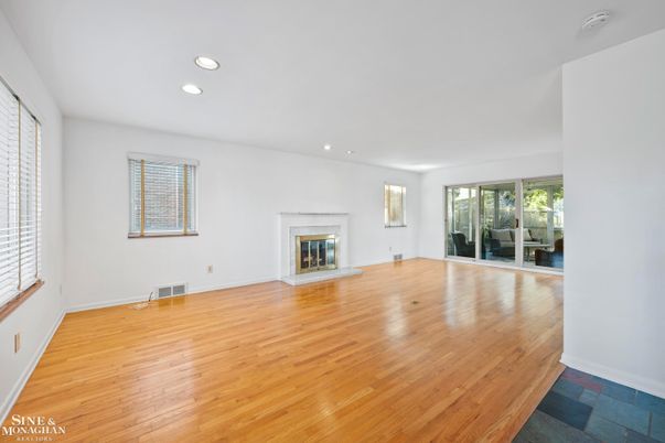 Empty room, Fireplace, Interior, Recessed Lighting, Wood Texture Flooring