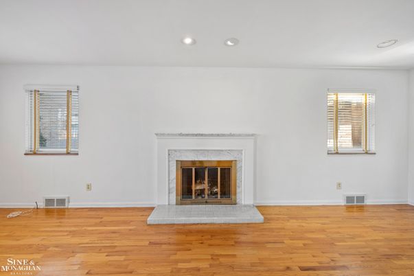 Empty room, Fireplace, Interior, Recessed Lighting, Wood Texture Flooring