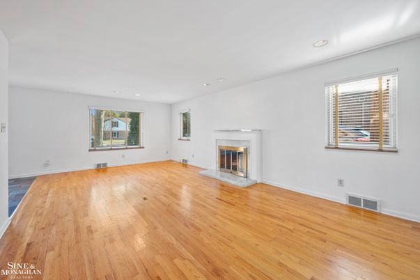 Empty room, Fireplace, Interior, Recessed Lighting, Wood Texture Flooring