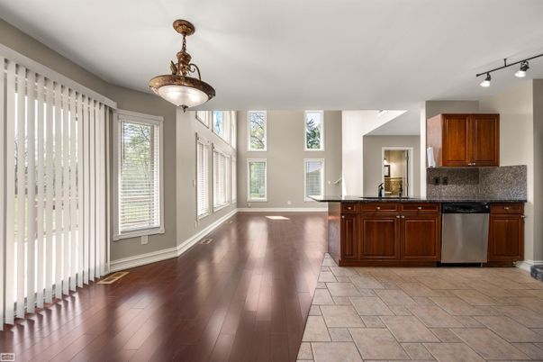 Interior, Kitchen, Pendant Lights, Wood Texture Flooring