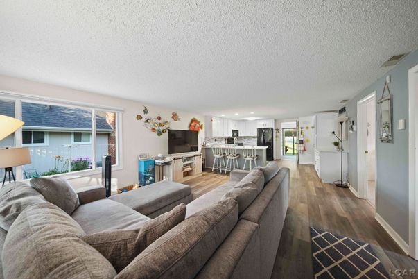 Interior, Kitchen, Living room, Recessed Lighting, Stainless Steel Appliances, Wood Texture Flooring