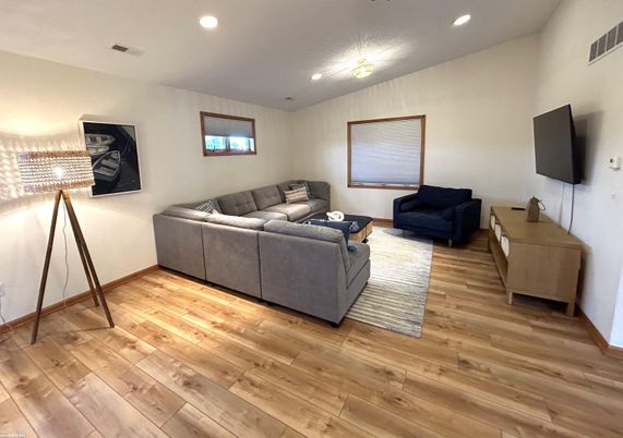 Interior, Living room, Recessed Lighting, Wood Texture Flooring