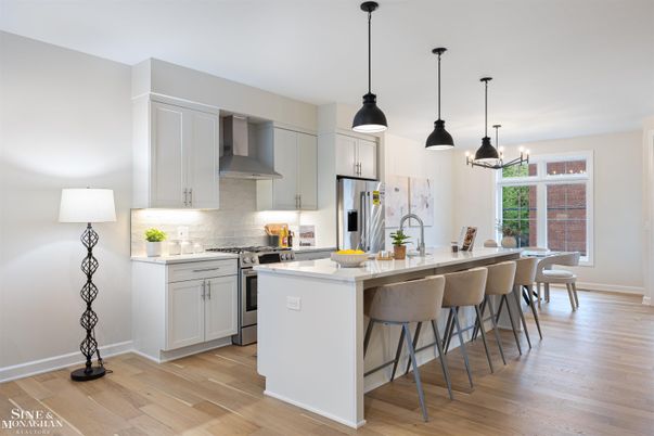 Interior, Kitchen, Pendant Lights, Stainless Steel Appliances, Wood Texture Flooring