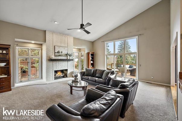Fireplace, Interior, Living room, Recessed Lighting, Stone Walls