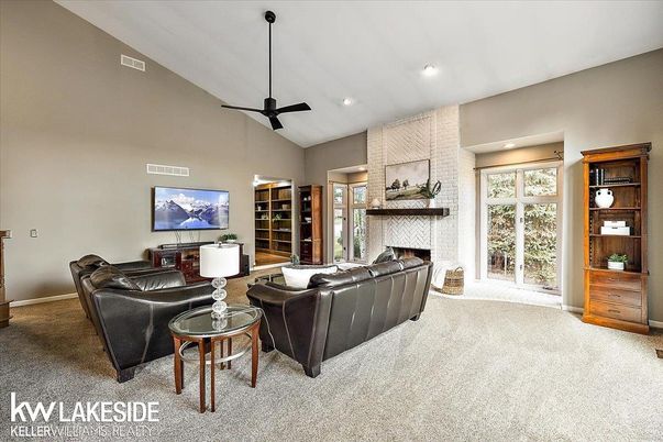 Fireplace, Interior, Living room, Recessed Lighting, Stone Walls