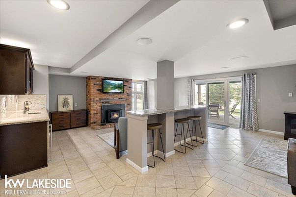 Fireplace, Interior, Recessed Lighting, Stone Walls