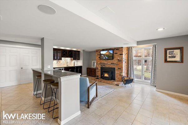 Fireplace, Interior, Kitchen, Living room, Recessed Lighting, Stone Walls