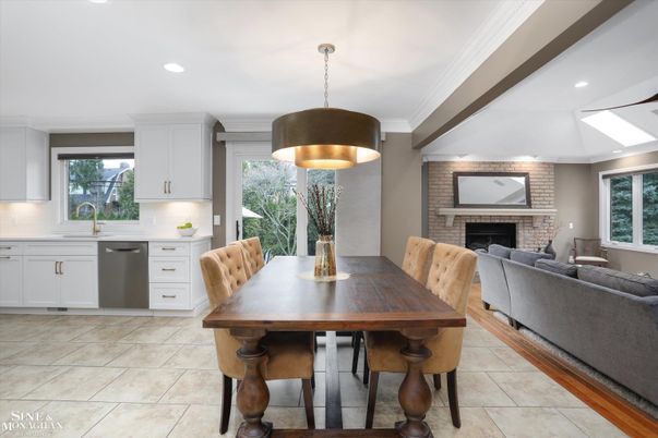 Dining room, Fireplace, Interior, Kitchen, Living room, Pendant Lights, Recessed Lighting, Stone Walls