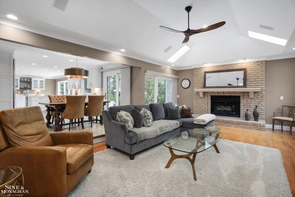 Dining room, Fireplace, Interior, Kitchen, Living room, Pendant Lights, Recessed Lighting, Stone Walls, Wood Texture Flooring