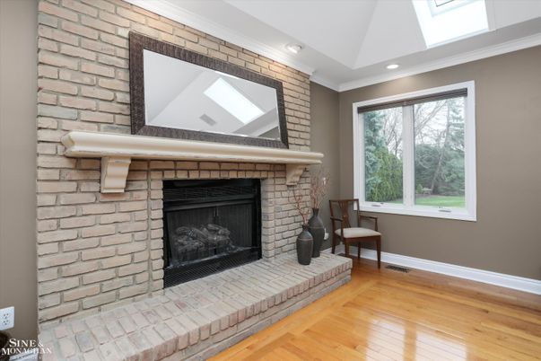 Fireplace, Interior, Recessed Lighting, Stone Walls, Wood Texture Flooring