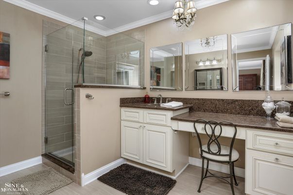 Bathroom, Chandelier, Glass Shower, Interior, Recessed Lighting