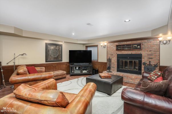 Fireplace, Interior, Living room, Recessed Lighting, Stone Walls