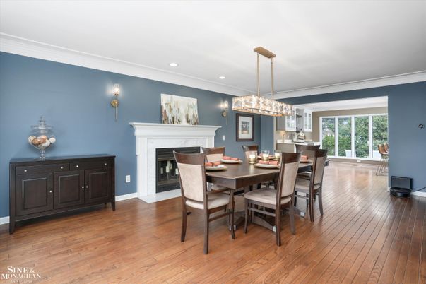 Chandelier, Dining room, Fireplace, Interior, Pendant Lights, Recessed Lighting, Wood Texture Flooring