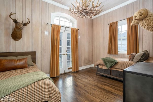 Bedroom, Chandelier, Interior, Wood Texture Flooring, Wooden Walls