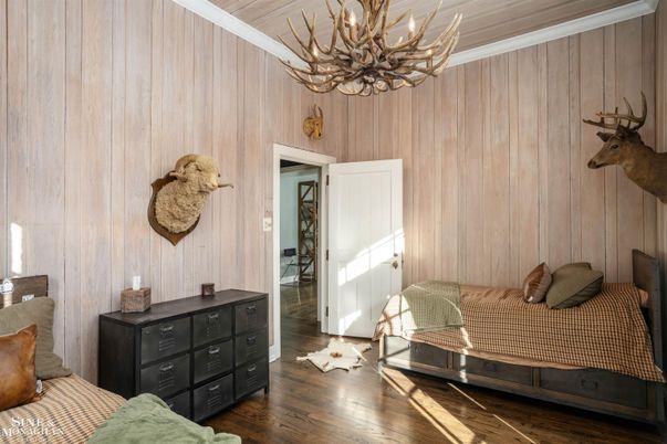 Bedroom, Chandelier, Interior, Wood Texture Flooring, Wooden Walls
